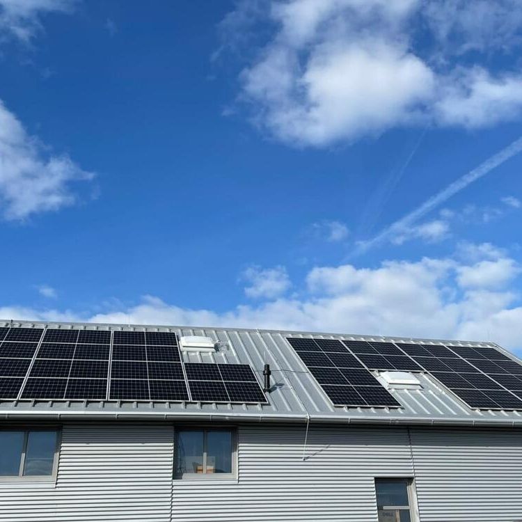Photovoltaikanlage auf einem Dach mit blauem Himmel